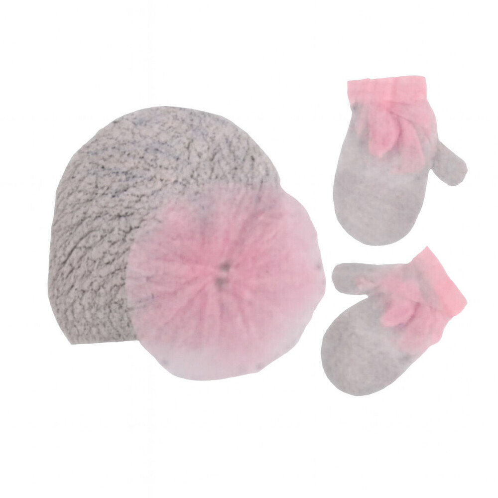 Koala Beanie Hat & Glove 2 Piece Kids S (18-24M) Grey Pink Tulle Poof Knit RED85